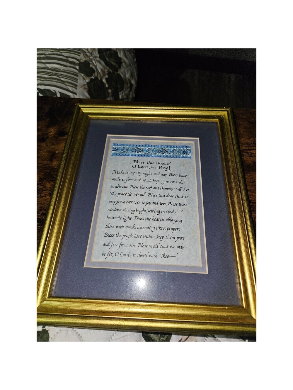 Bless This House O Lord We Pray Framed Calligraphy Wall Art Gold Frame Blue Mat